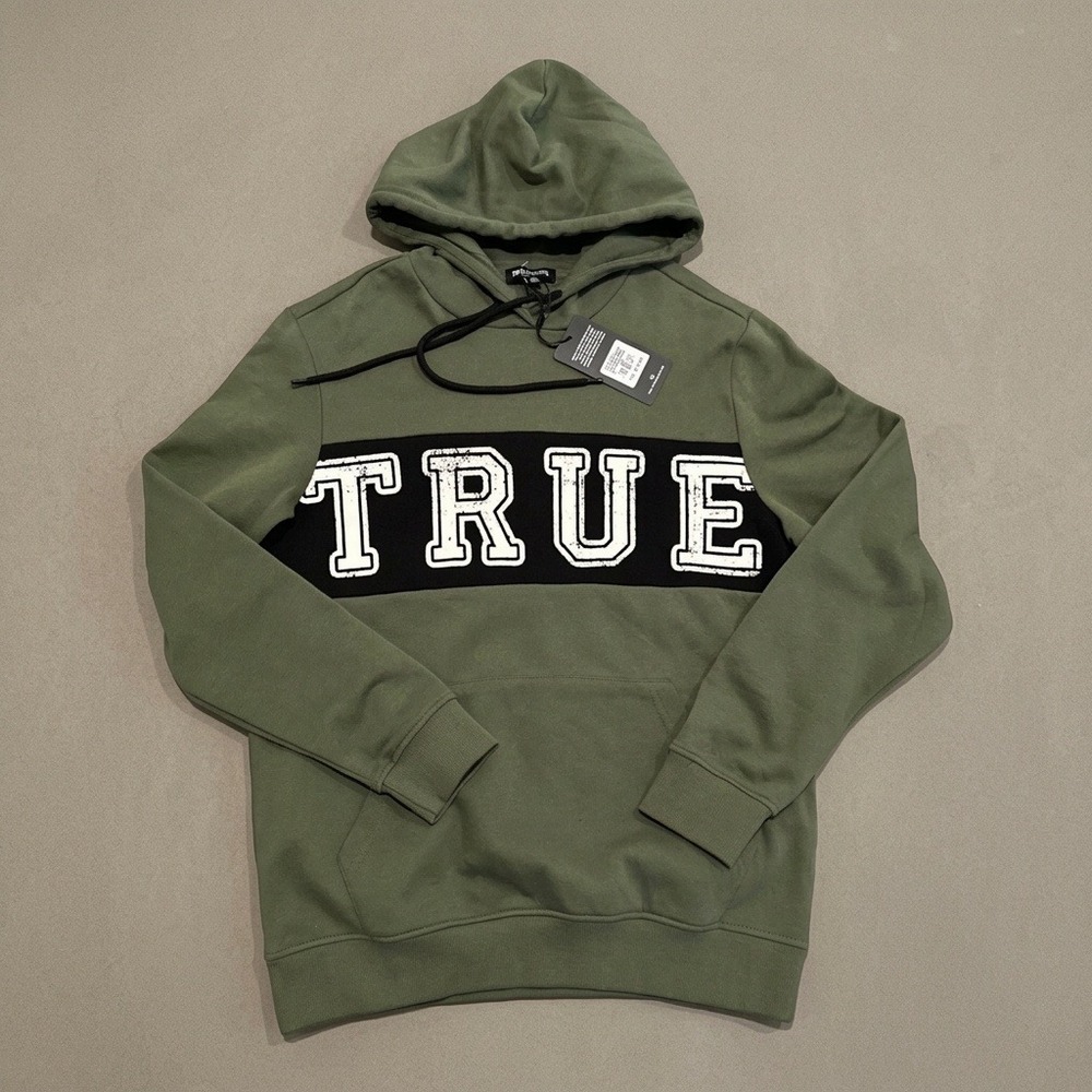 True Religion Contrast Panel Hoodie Mens M Bronze Green Logo Pullover NWT $119